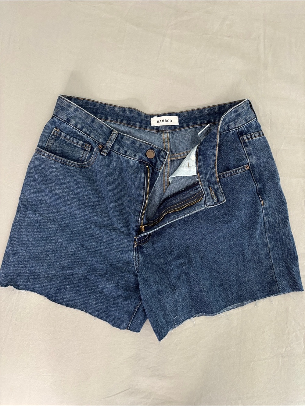 BAMBOO Mid-Rise Raw Hem Denim Shorts - Blue